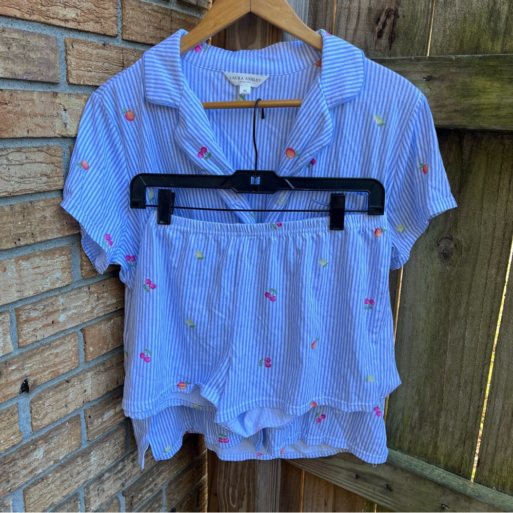 Laura Ashley Blue and White Striped W Fruit Accents Pajama Set